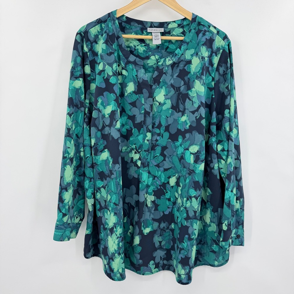 Catherines Blouse Women 2X Teal Green Floral Split Neck Long Sleeve Tunic